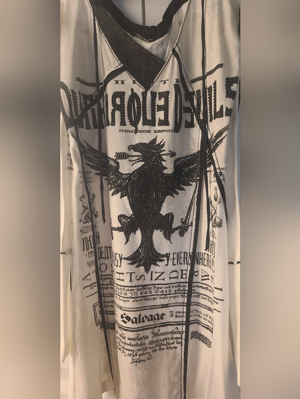 Salvage Y2K Lace Up Graphic Mini Dress XS Cream Black Gothic Punk - Picture 5 of 10
